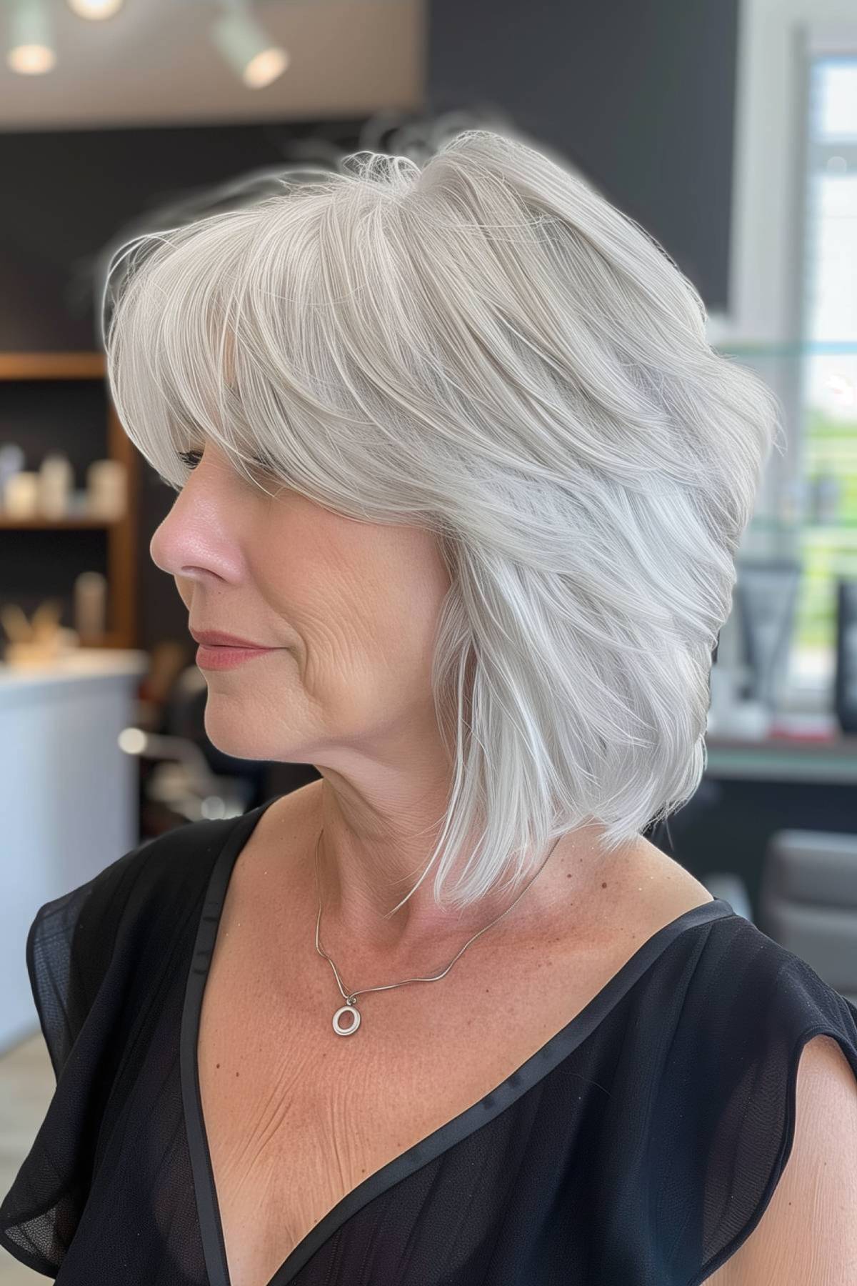 Chic short bob with side-swept bangs for women over 60