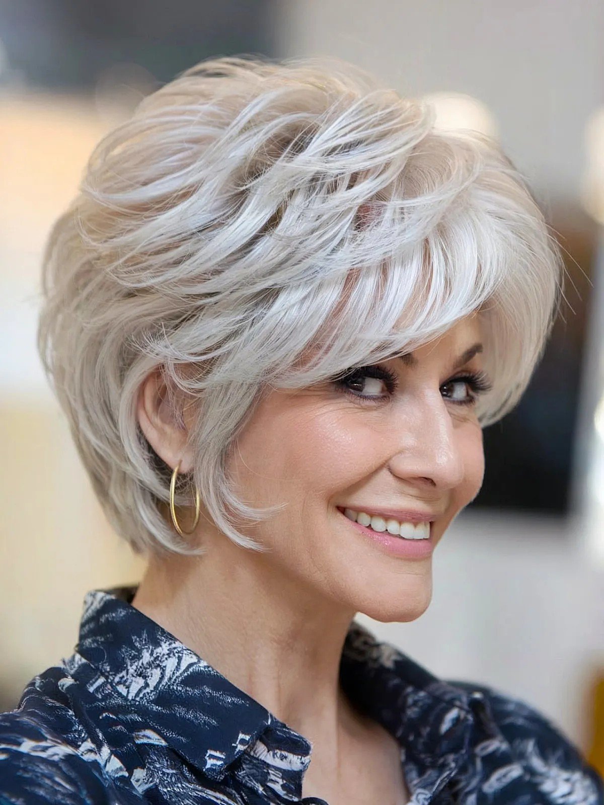 Lixie short white layers with Swoope bangs for 60 -year -old