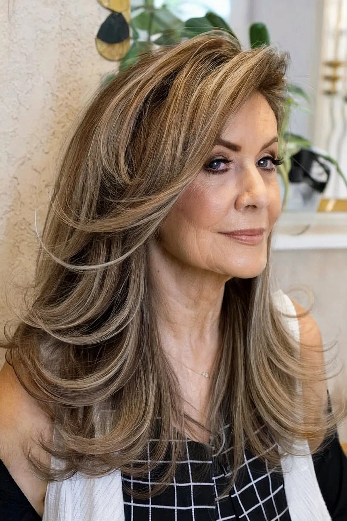 Long long layers and explosions on older women after 60 with brown hair