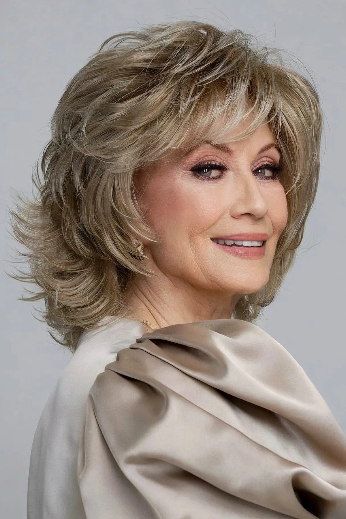 Cut the shoulder length tightly with the cuts of feathers on the ladies more than sixty
