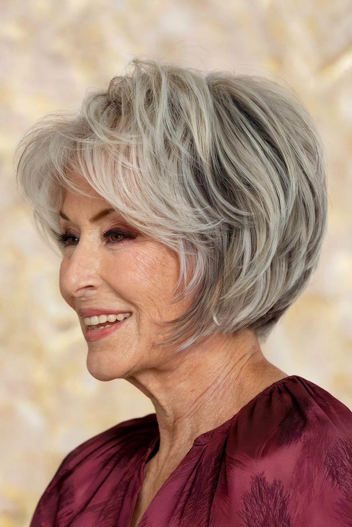 Short Bob, feathered with smooth layers on the 60 -year -old women