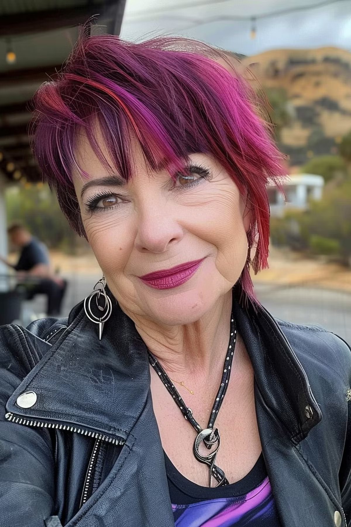 A woman exceeding 60 years with a red pink pink pink razor and strikes