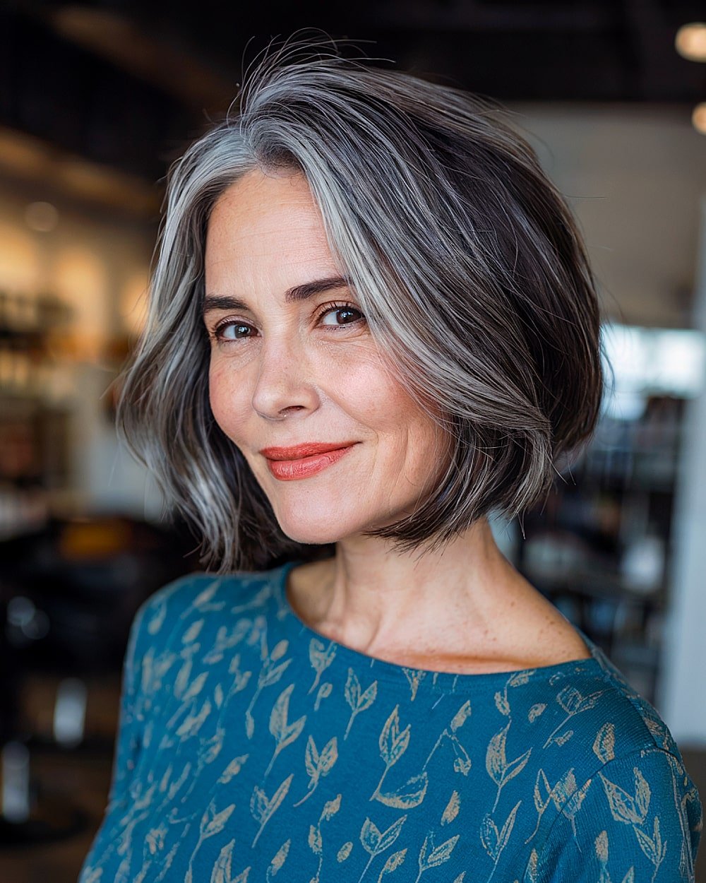 Soft charcoal grey blended bob haircut on dark hair with rounded volume and side part
