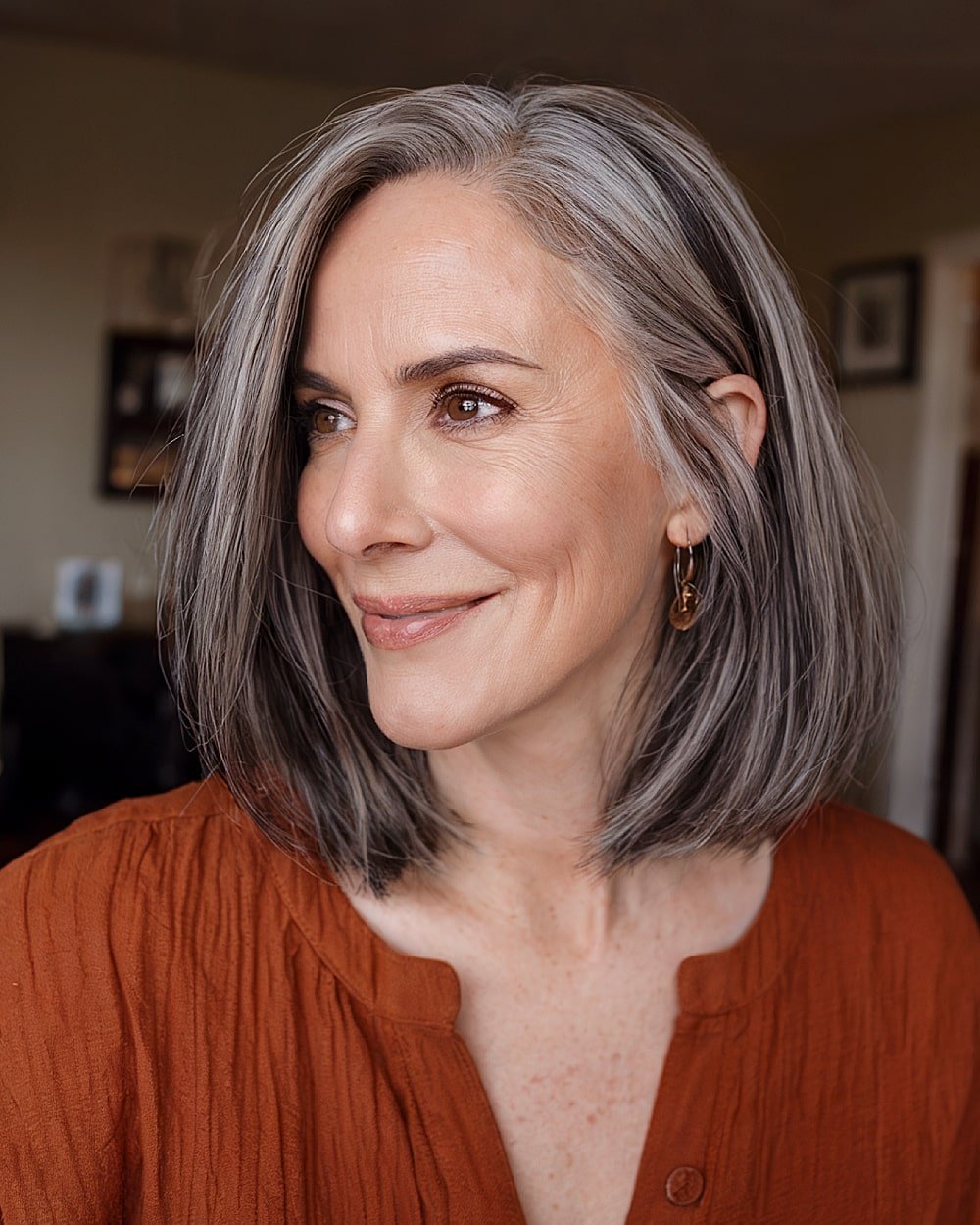Sleek shoulder-length cut with blended slate grey crown and dark brown base