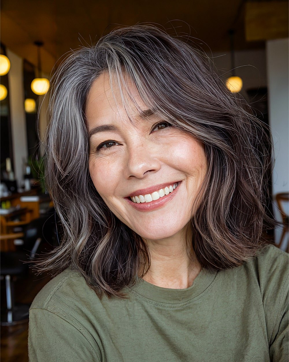 Shoulder-length haircut with graphite grey blending into dark brown hair and face-framing layers