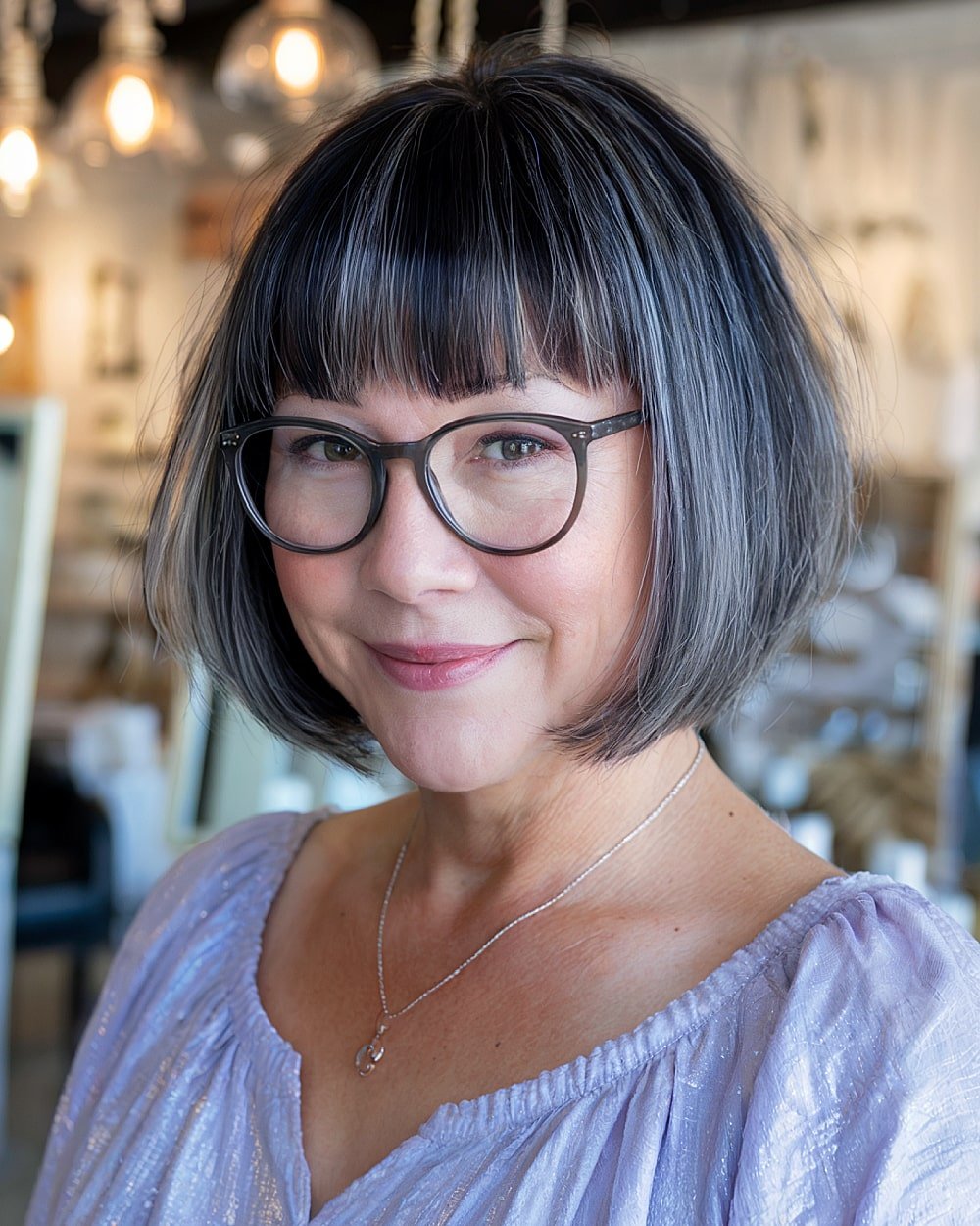 French bob with blunt fringe and soft grey blending on dark straight hair, perfect for classic-meets-modern style