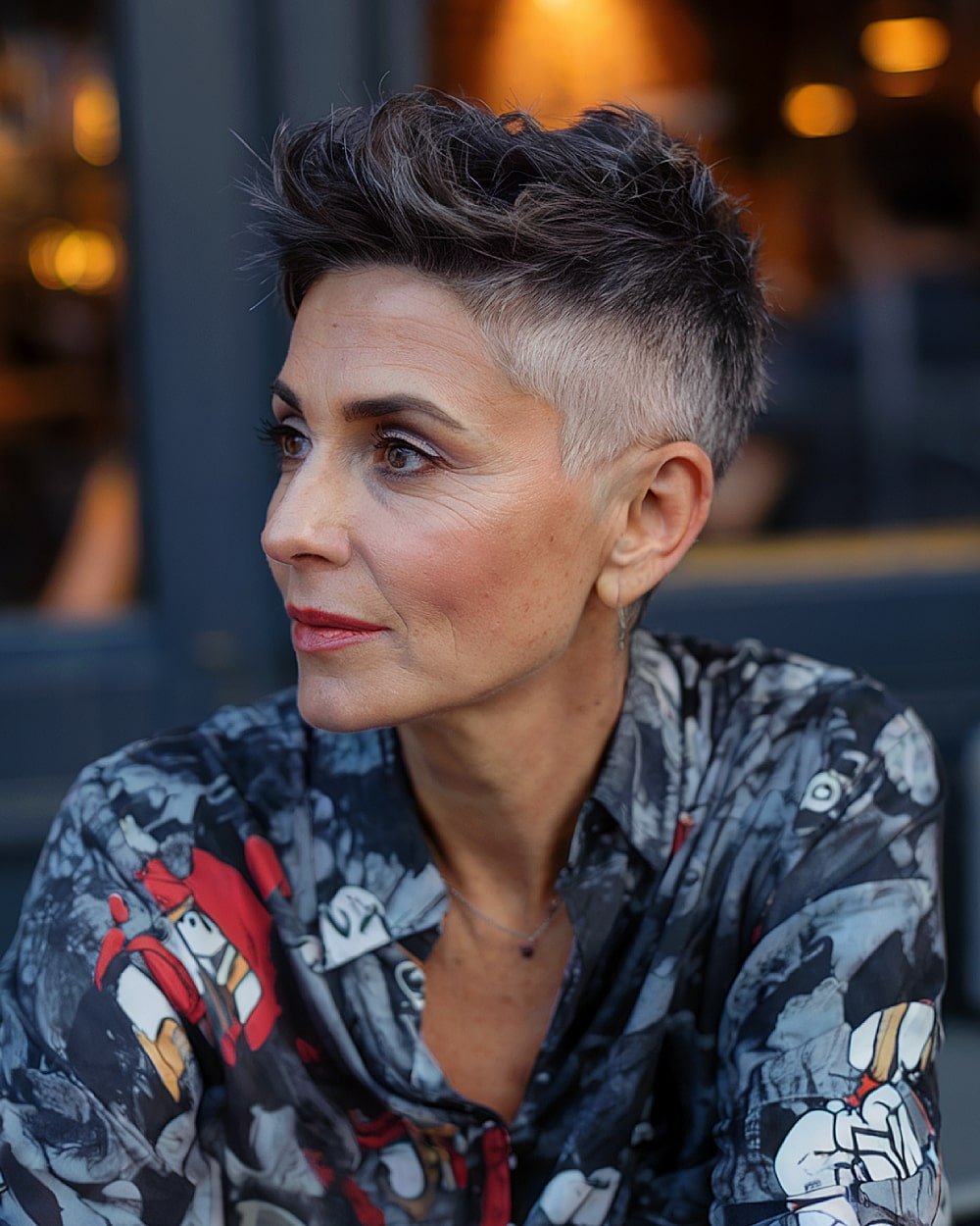 Undercut crop with grey-tipped spikes over dark roots, high contrast grey blending for bold short hairstyles