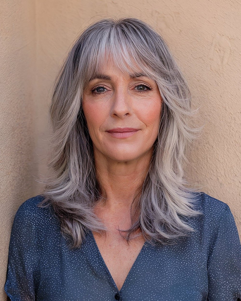 Layered silver-blended cut with curtain bangs on mid-length dark hair, ideal for softening facial features