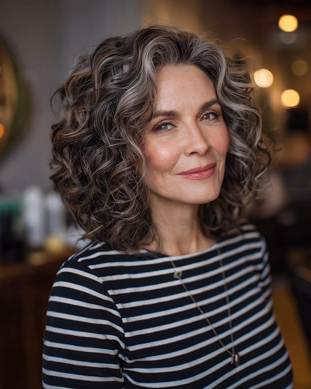 Shoulder-length curly hairstyle with graphite and silver grey blend on natural dark hair for defined volume