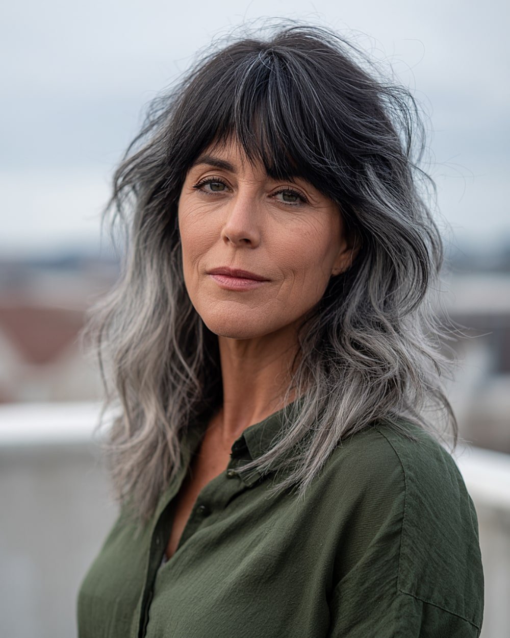 Shag haircut with charcoal-to-grey balayage and full bangs, ideal for dark-haired women embracing greys