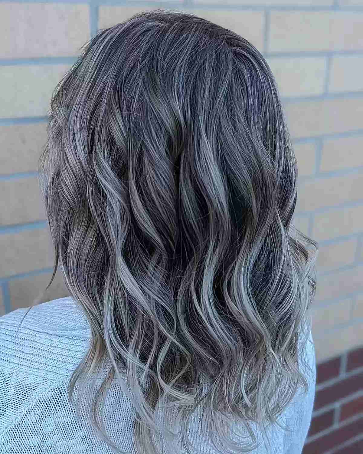 Grey Blended Silver Platinum Highlights on Medium-Length Dark Hair