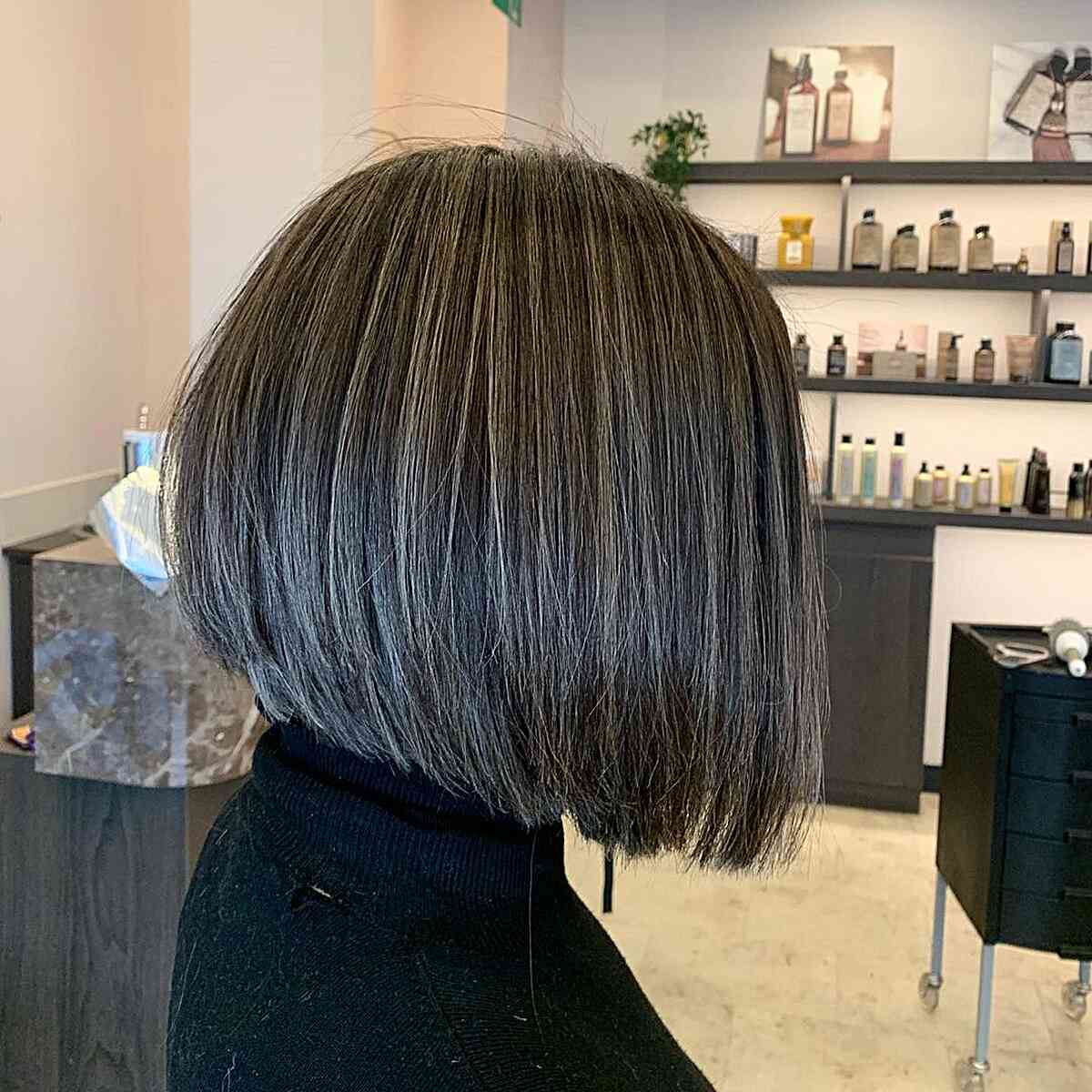 Short Dark Chocolate Bob with Blended Subtle Grey Highlights