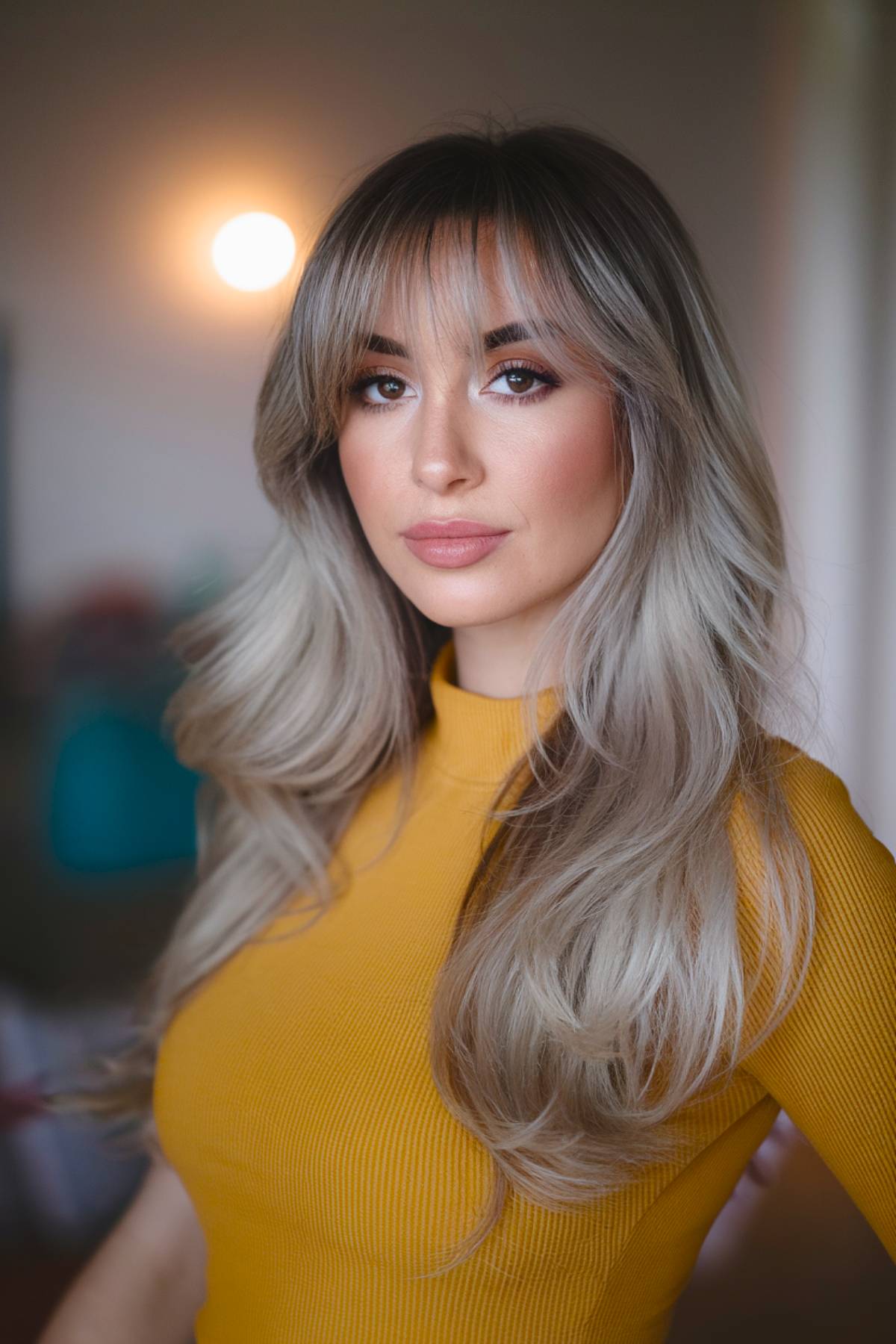 Elegant long blonde layers with soft, wispy pony for a light and airy effect