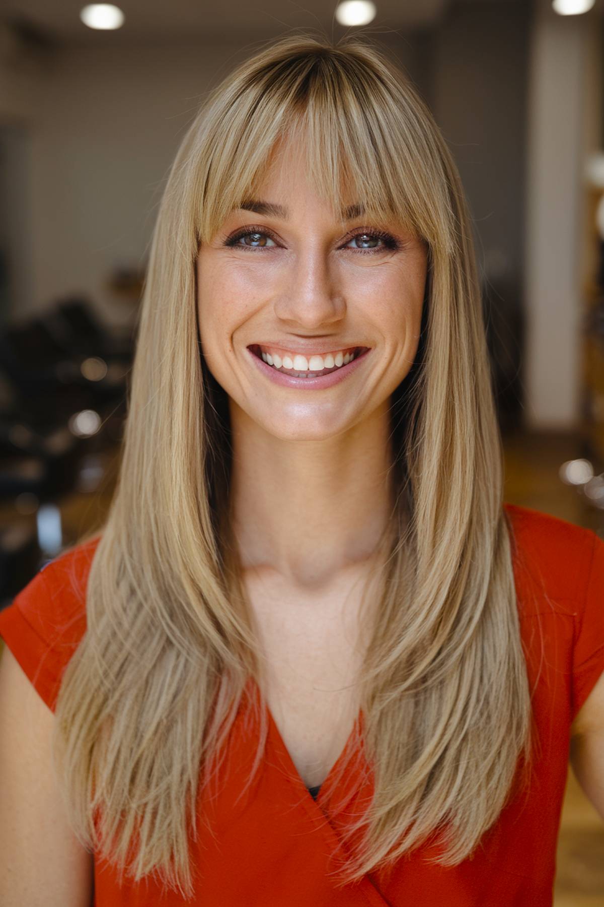 Slim, long blonde hair with feathered pony for a polished, refined finish
