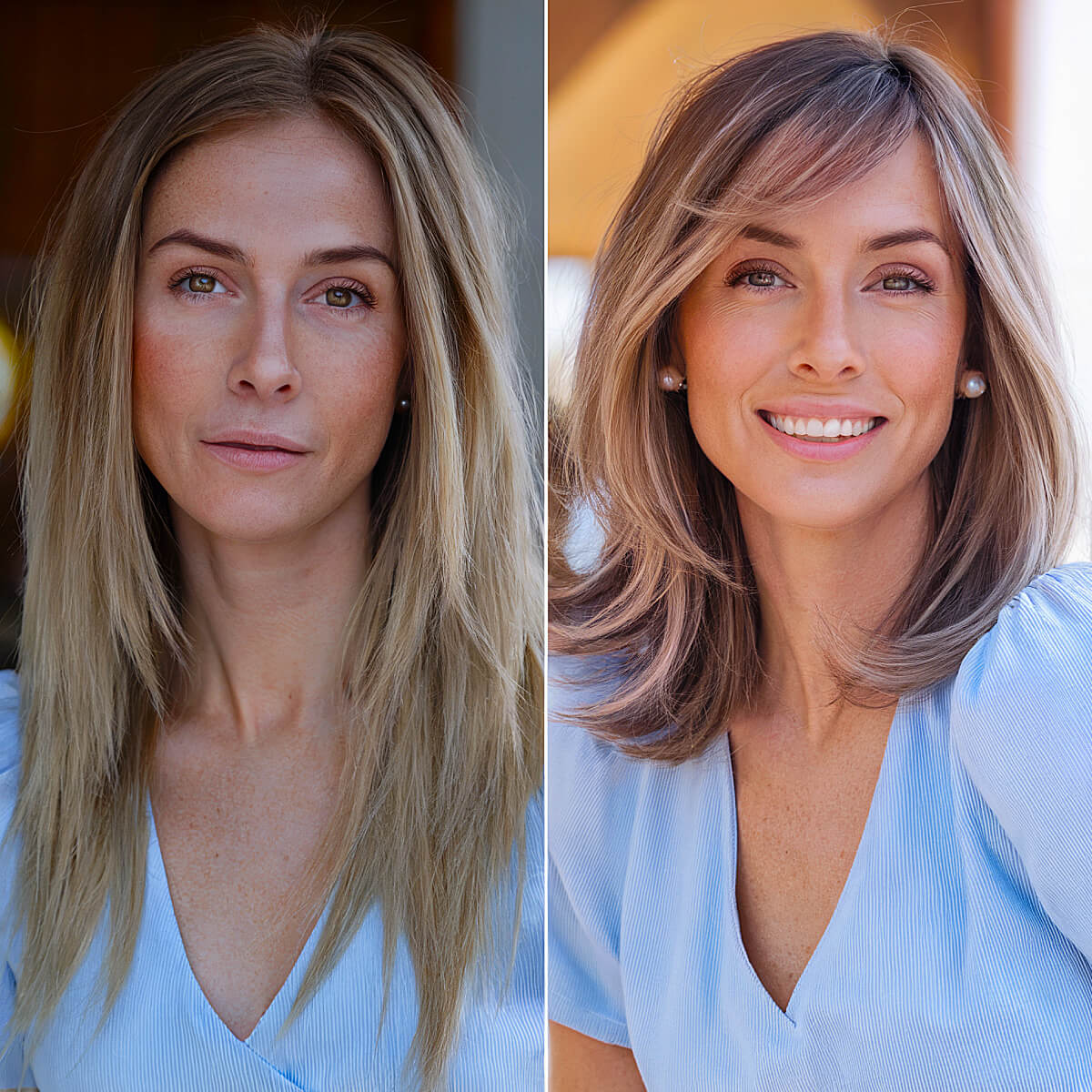 Shoulder -length blonde hair with strops side pony for a chic and timeless look