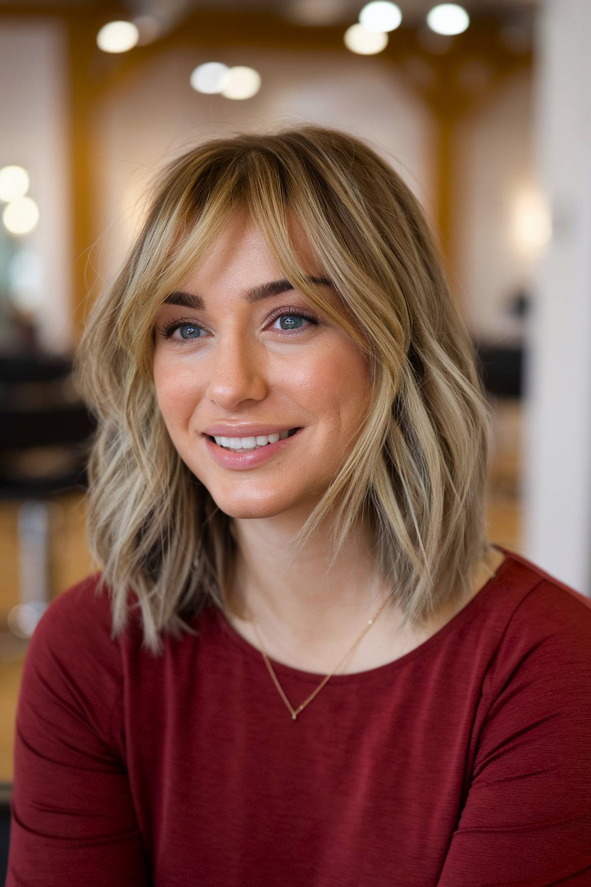 Blonde medium -sized blonde hair with soft, facial frames for a modern, effortless look