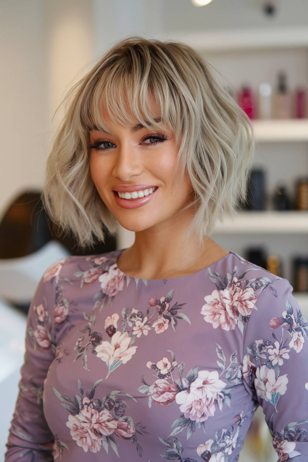 Chopped short -blue bob with soft, long pony for a effortless nervous but female look