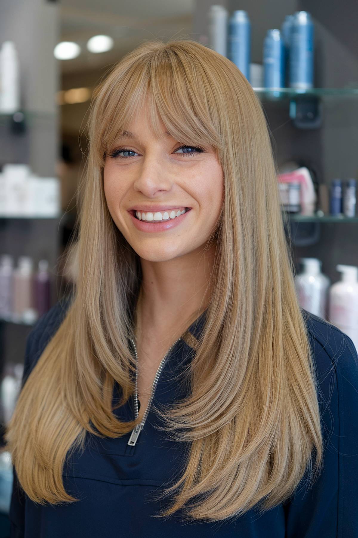 Long, slim blond hair with layered ends and soft curtain pony for a polished, voluminous finish