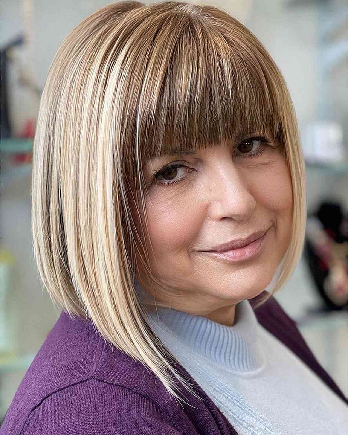 Bob straight with full bangs of thin hair