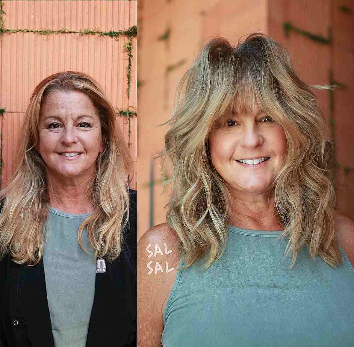 Thin full bangs on medium -length Shaj for women over sixty