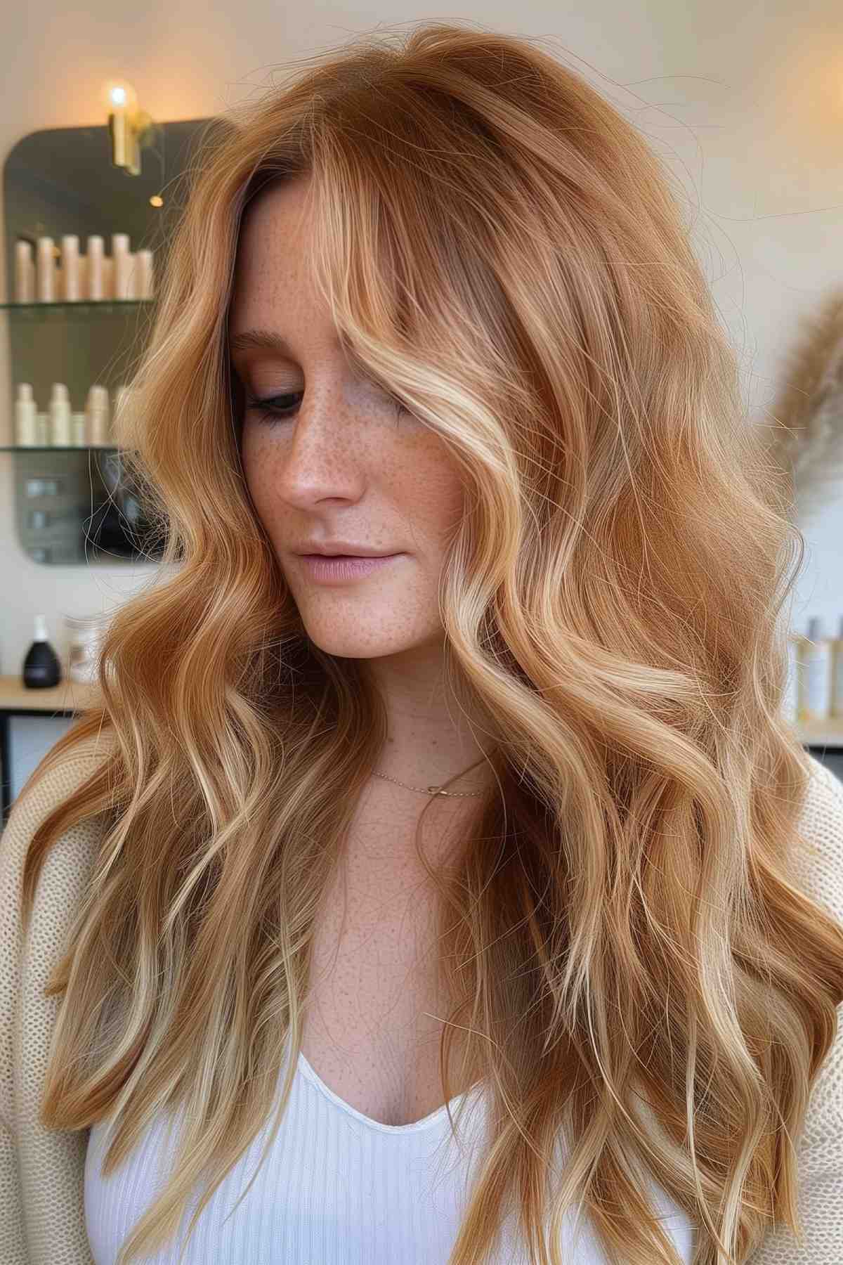 Long wavy hair with strawberry blonde -balayage -highlights