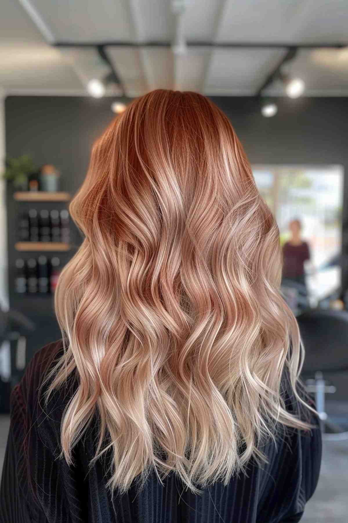 Long -layered strawberry blonde to rose cream Balayage