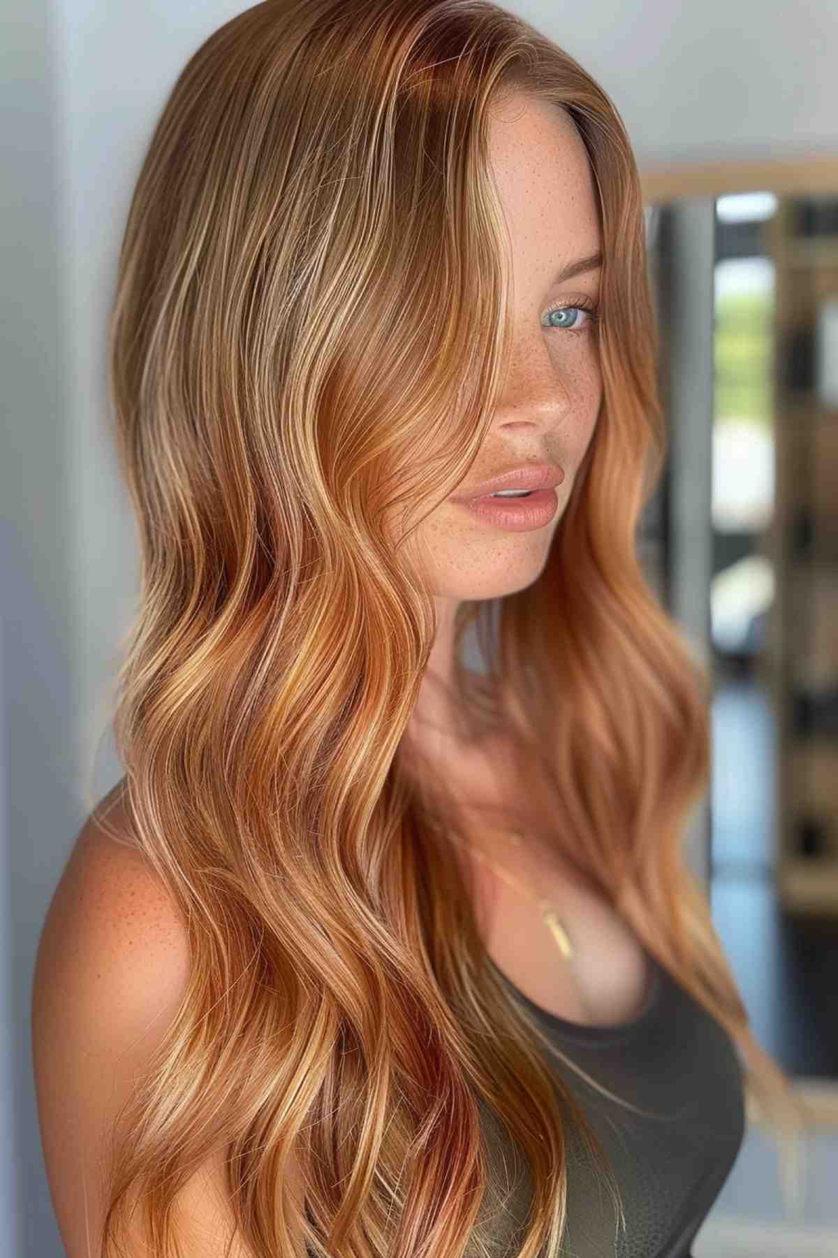 Strawberry blonde hair with golden, yellow -brown Balayage waves