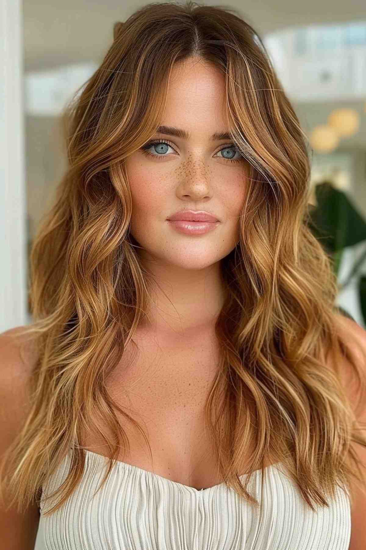 Long, wavy hair with honey -hazelnut and strawberry blonde Balayage
