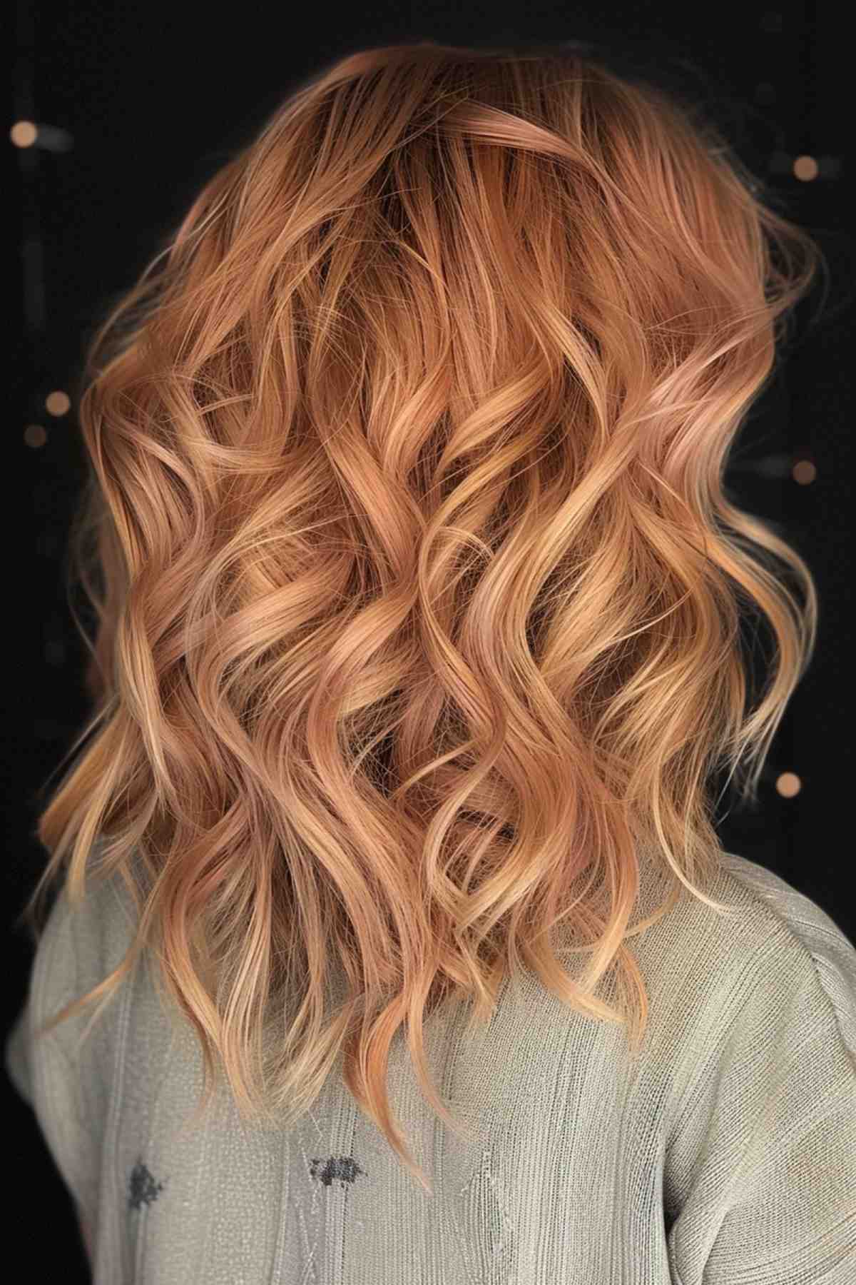 Wavy hair with medium length with peach balayage on strawberry blonde