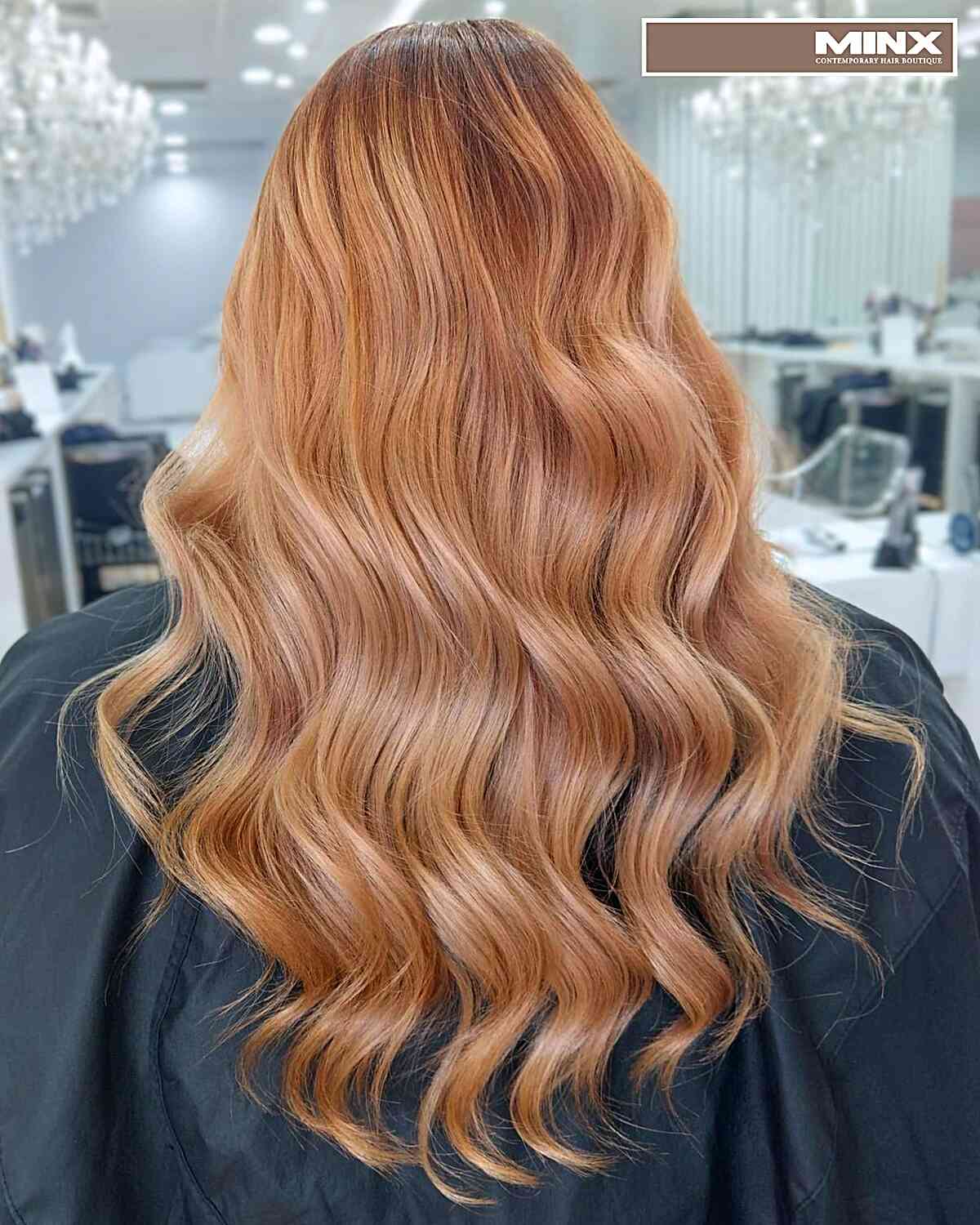 Mid-Long Wavy Strawberry Blonde Balayage soft copper red hair