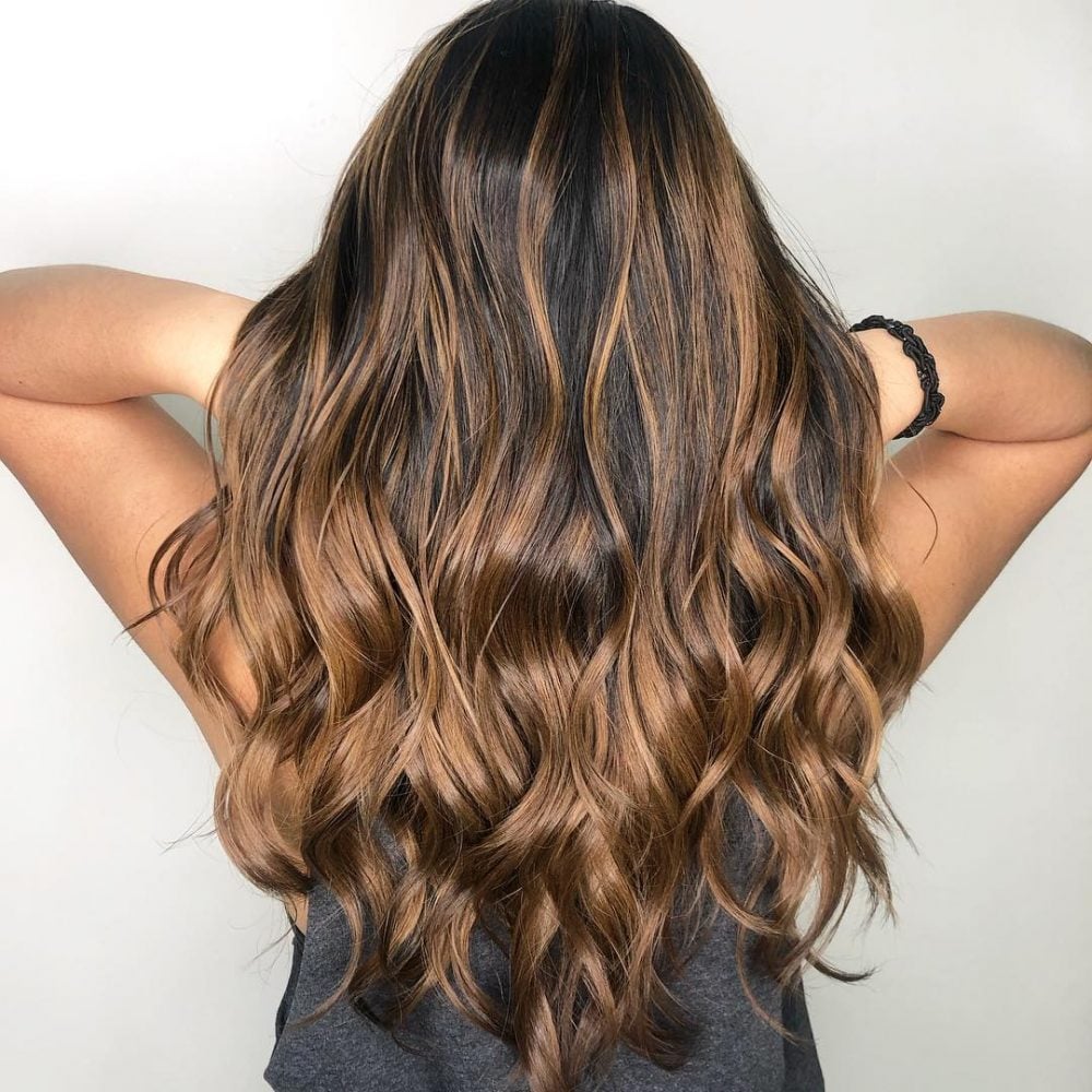 Casual caramel balayage on a dark brown base