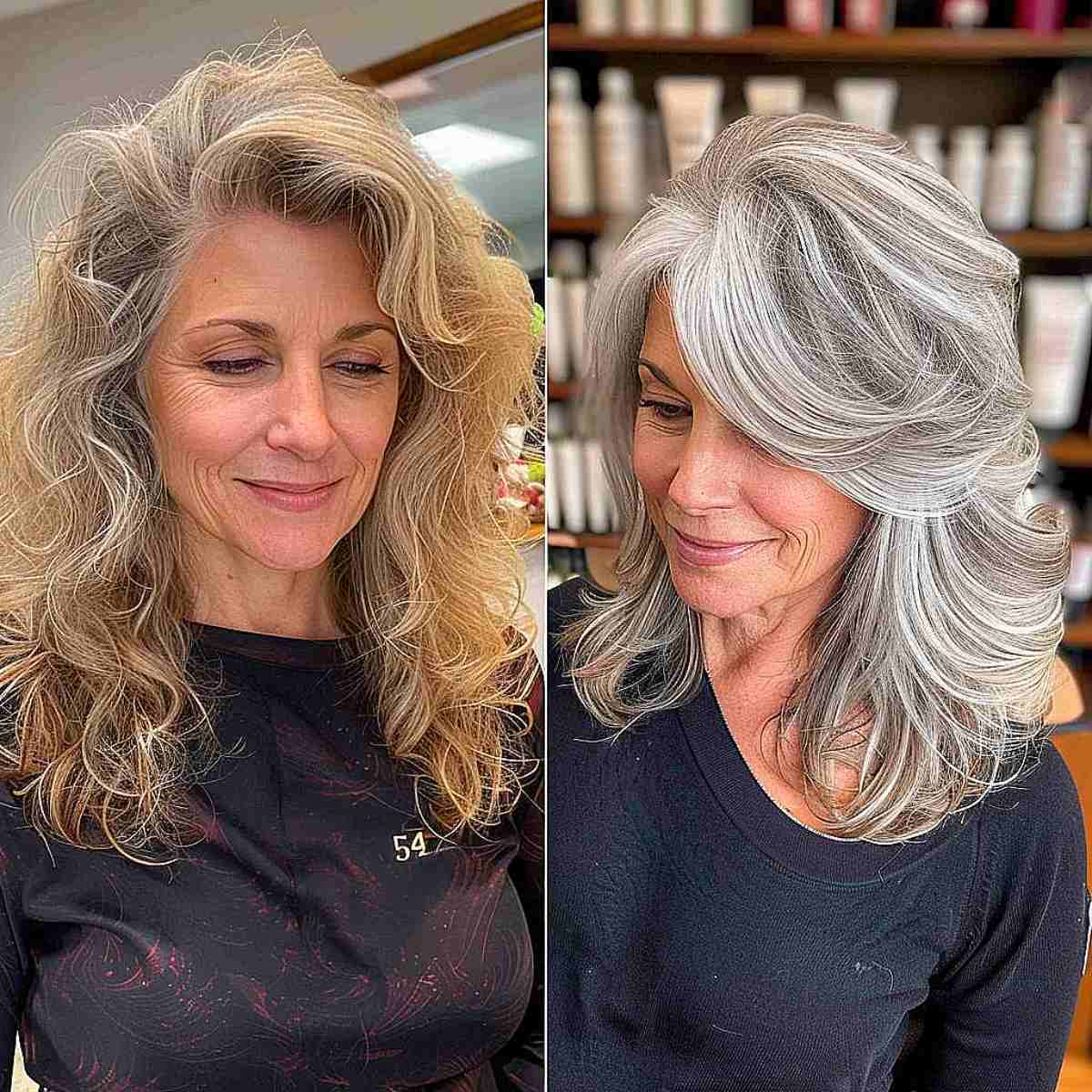 Silver lowlights blending into natural gray roots on wavy mid-length hair