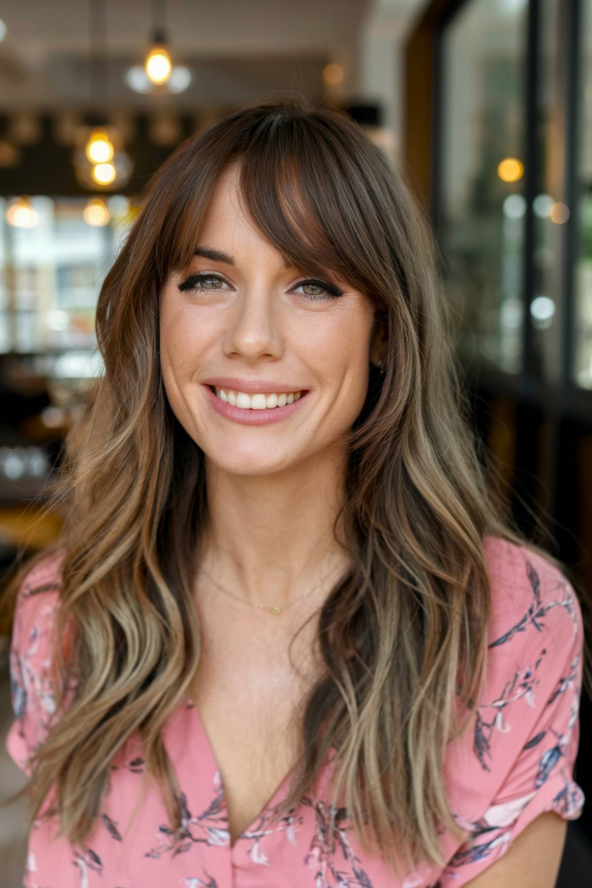 Long brown hair wavy with curtain bongs