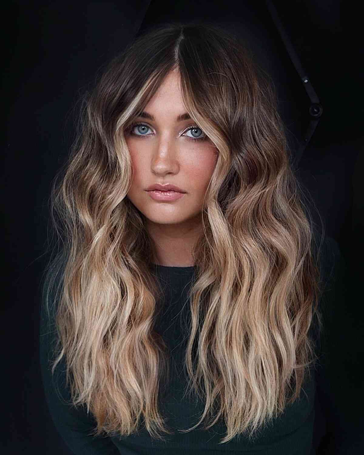 Lively brunette ombre with a piece of money about women with light skin and long hair