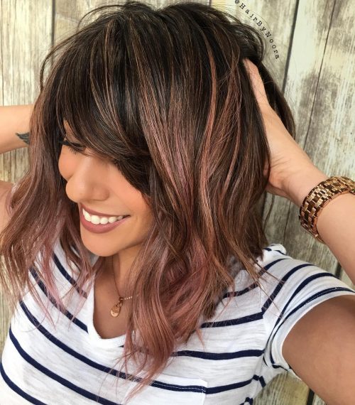 Chocolate brown to rose gold ombré for medium -sized hair