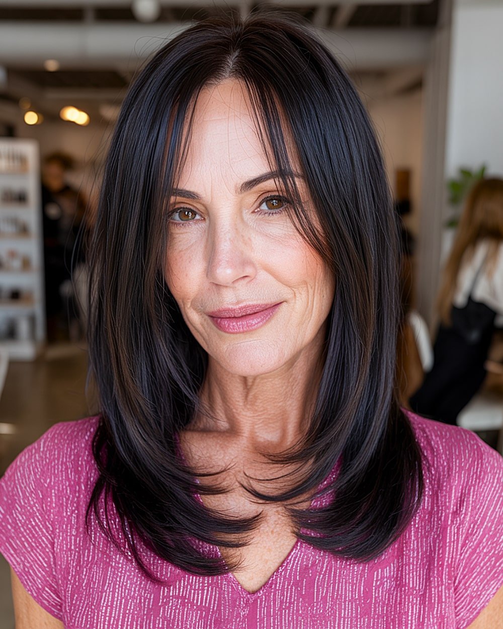 A medium -length black layer with a soft face framing and a central part