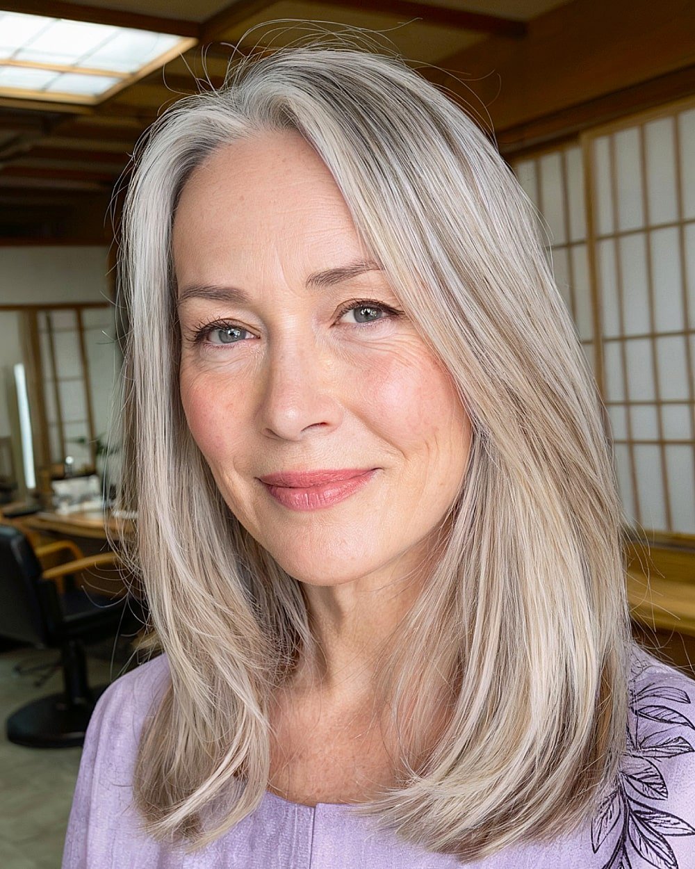 Medium -length shave straight with long layers and a side part of women over 60