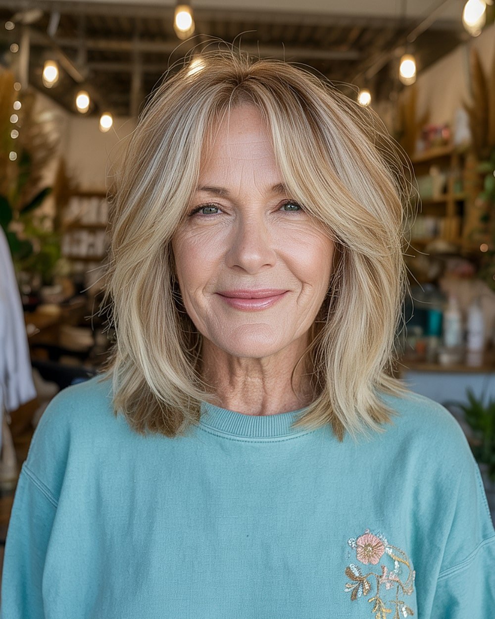 Mother of medium -length blond with soft, fluctuating layers and framing the face similar to the curtain