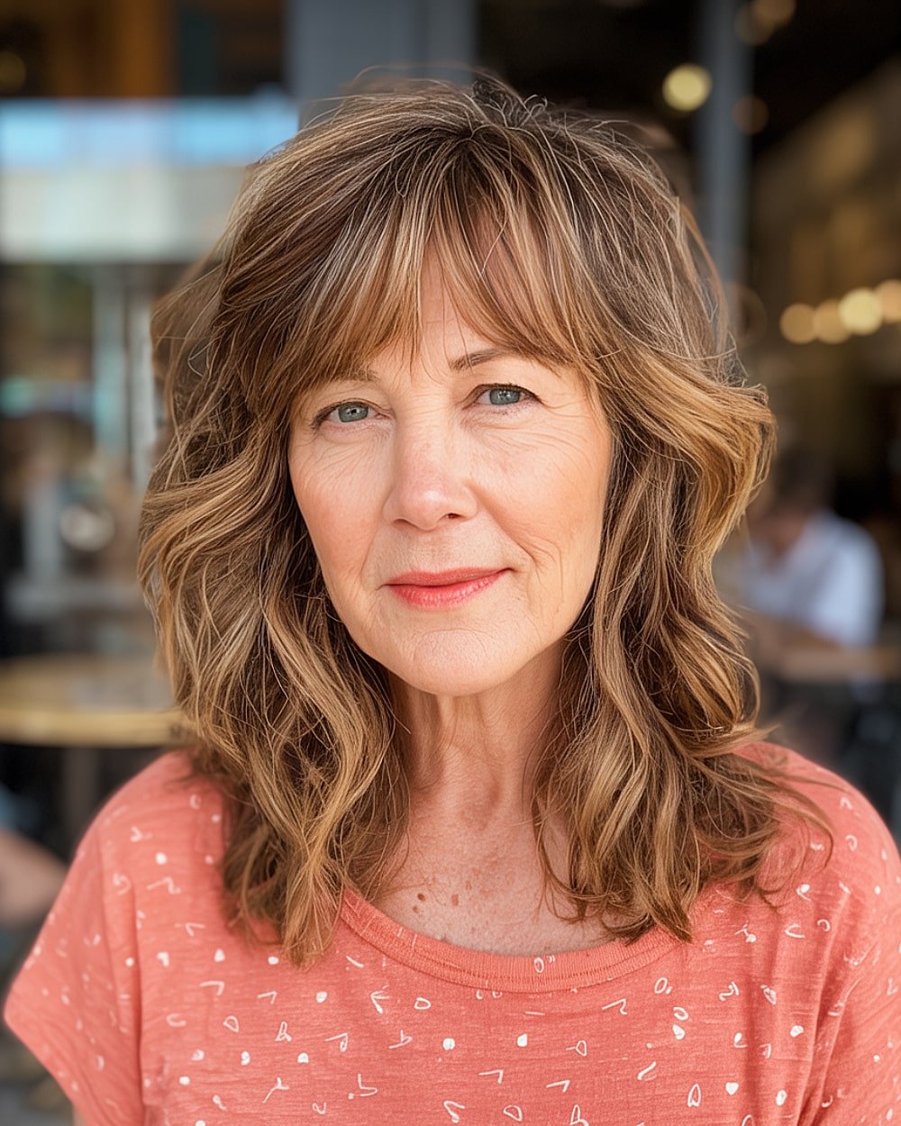 Medium length hair cut with fluctuating layers and soft waves on light brown hair