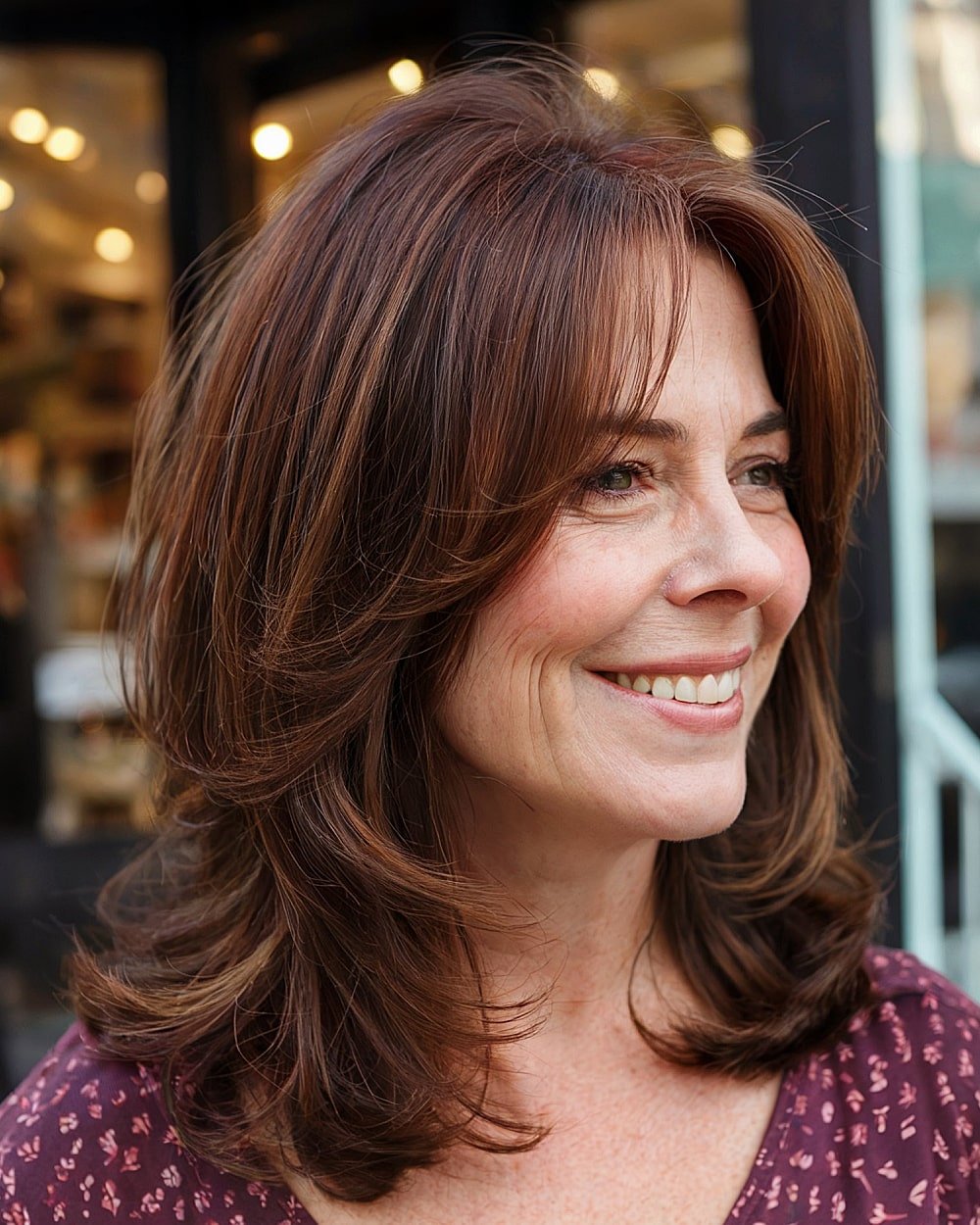Medium butterfly shave with shoulder length and middle parts on chestnut brown hair