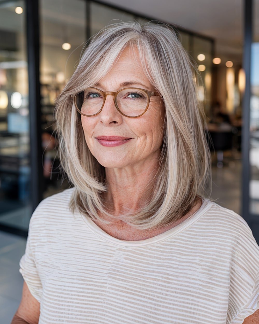 A medium -length hair with face poisoning layers and long side explosions for older women