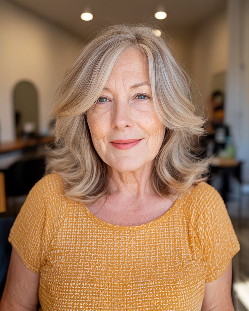 Smooth medium -length blonde shave with hidden layers and side bases for older women