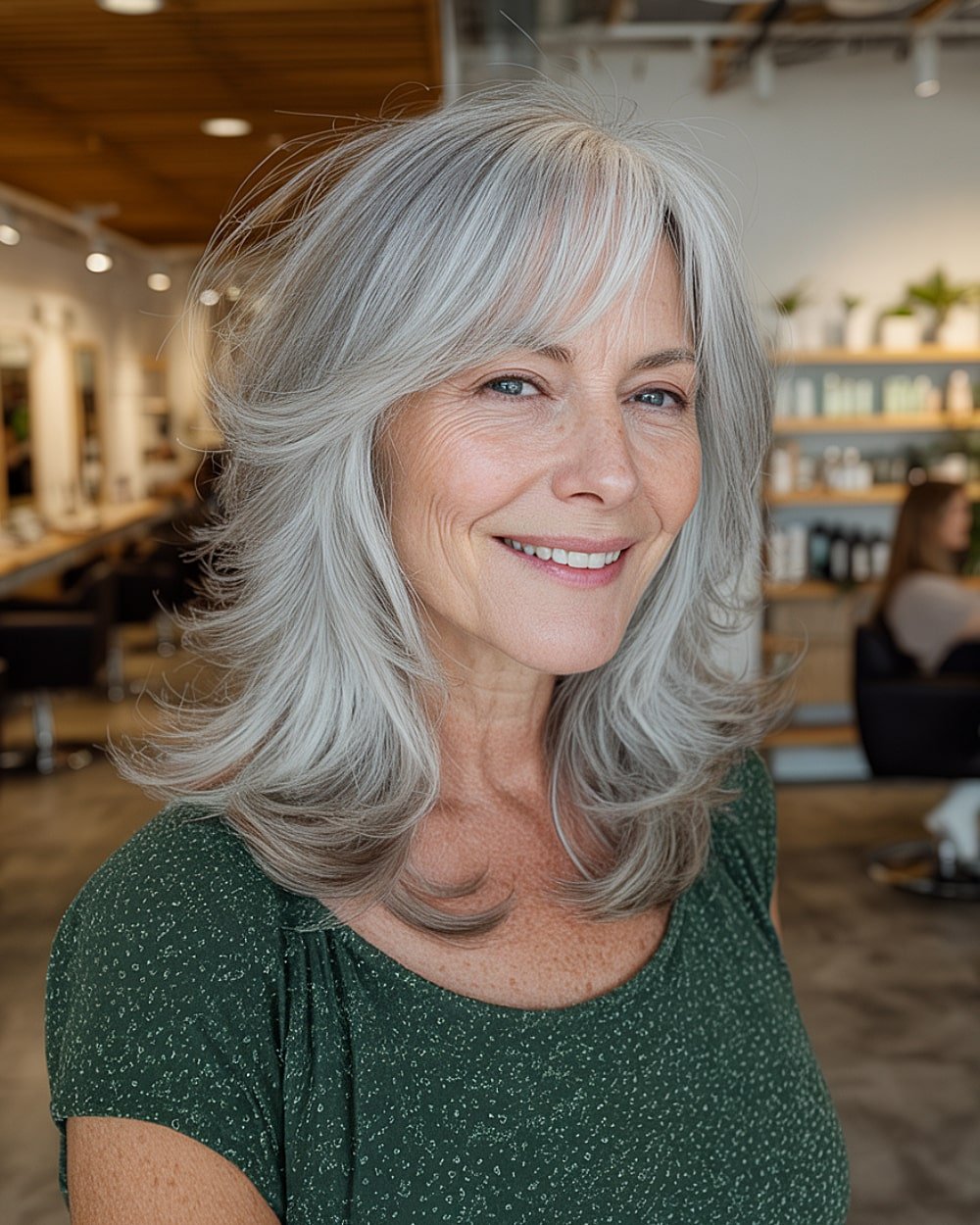 Medium gray hairstyle with feathers with smooth layers and bases for women more than 60