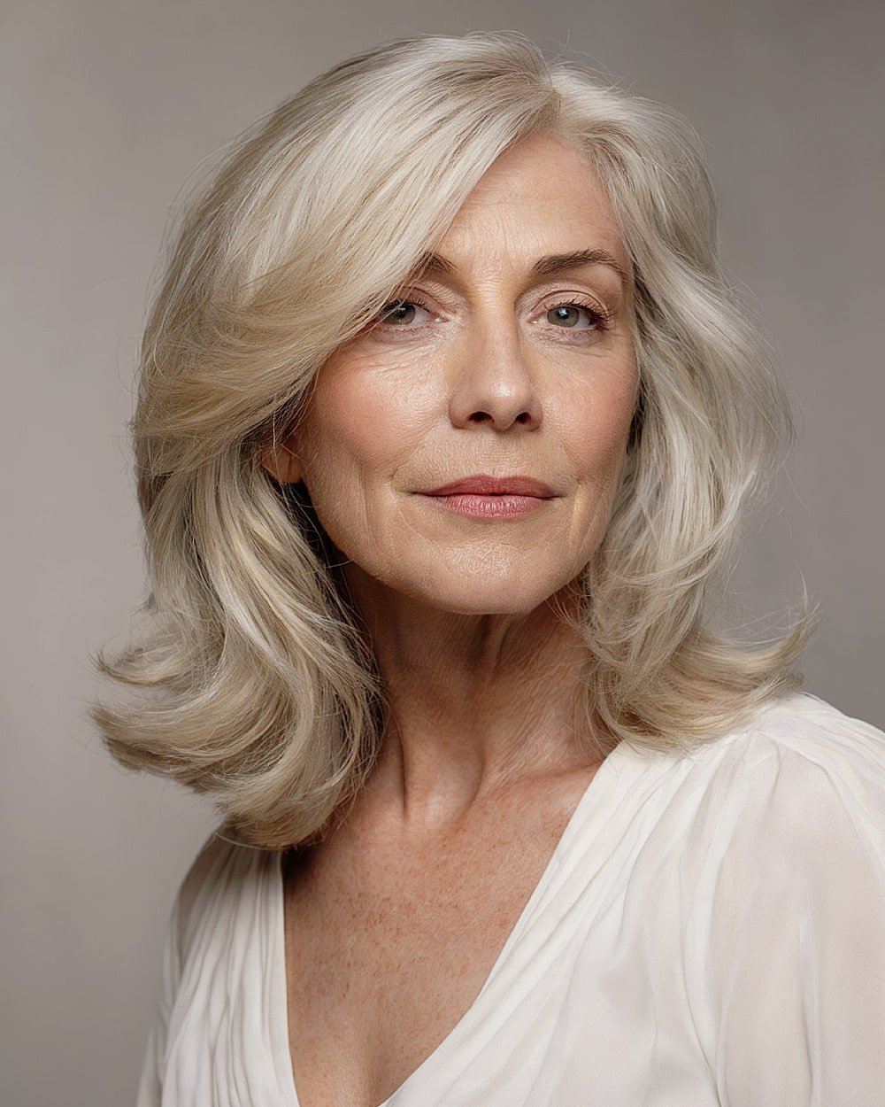 Layrielle medium shave with round layers and size on silver blond hair