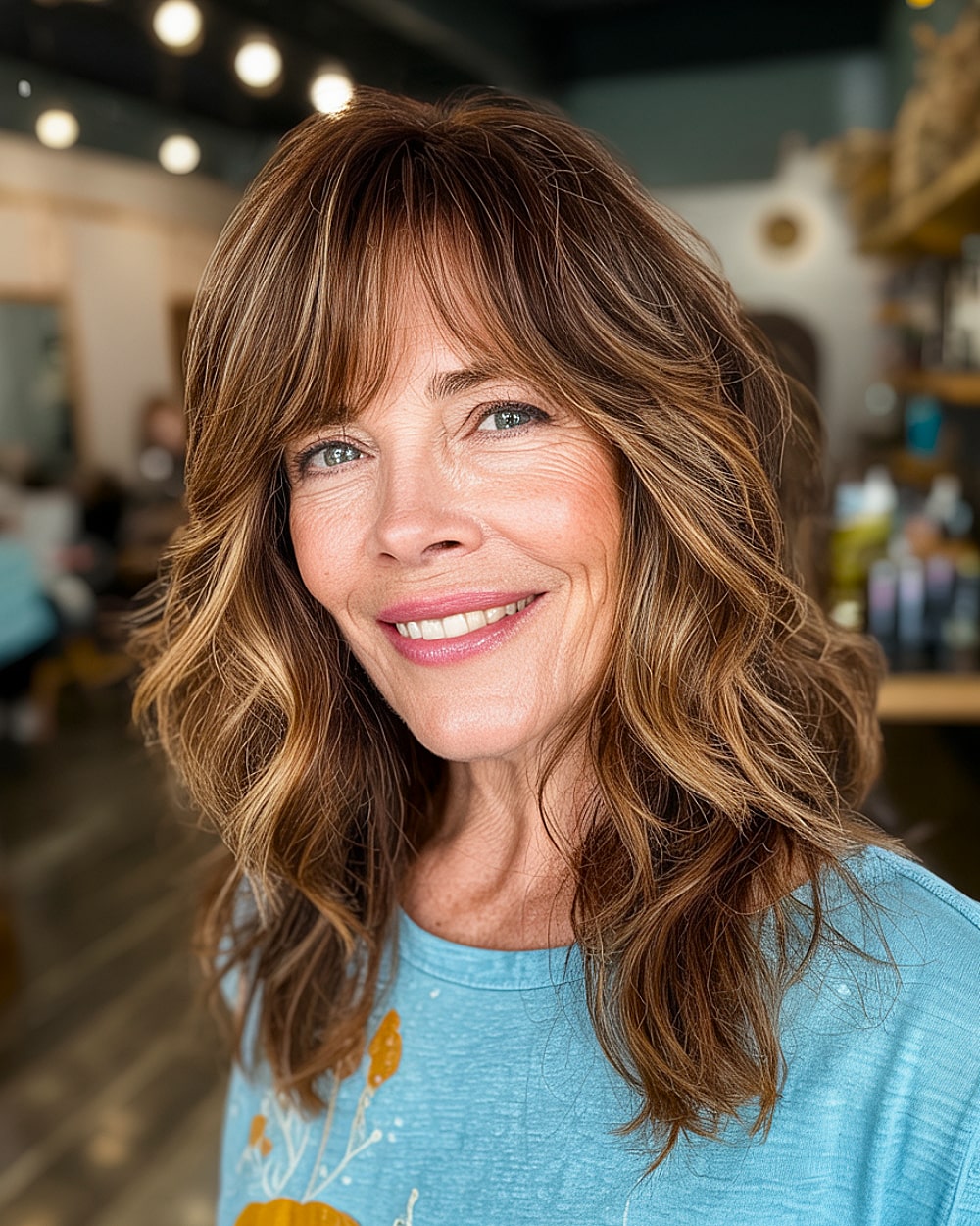 A medium shave with a fluctuating layer with warm brown tones and curtain hits for women over 60