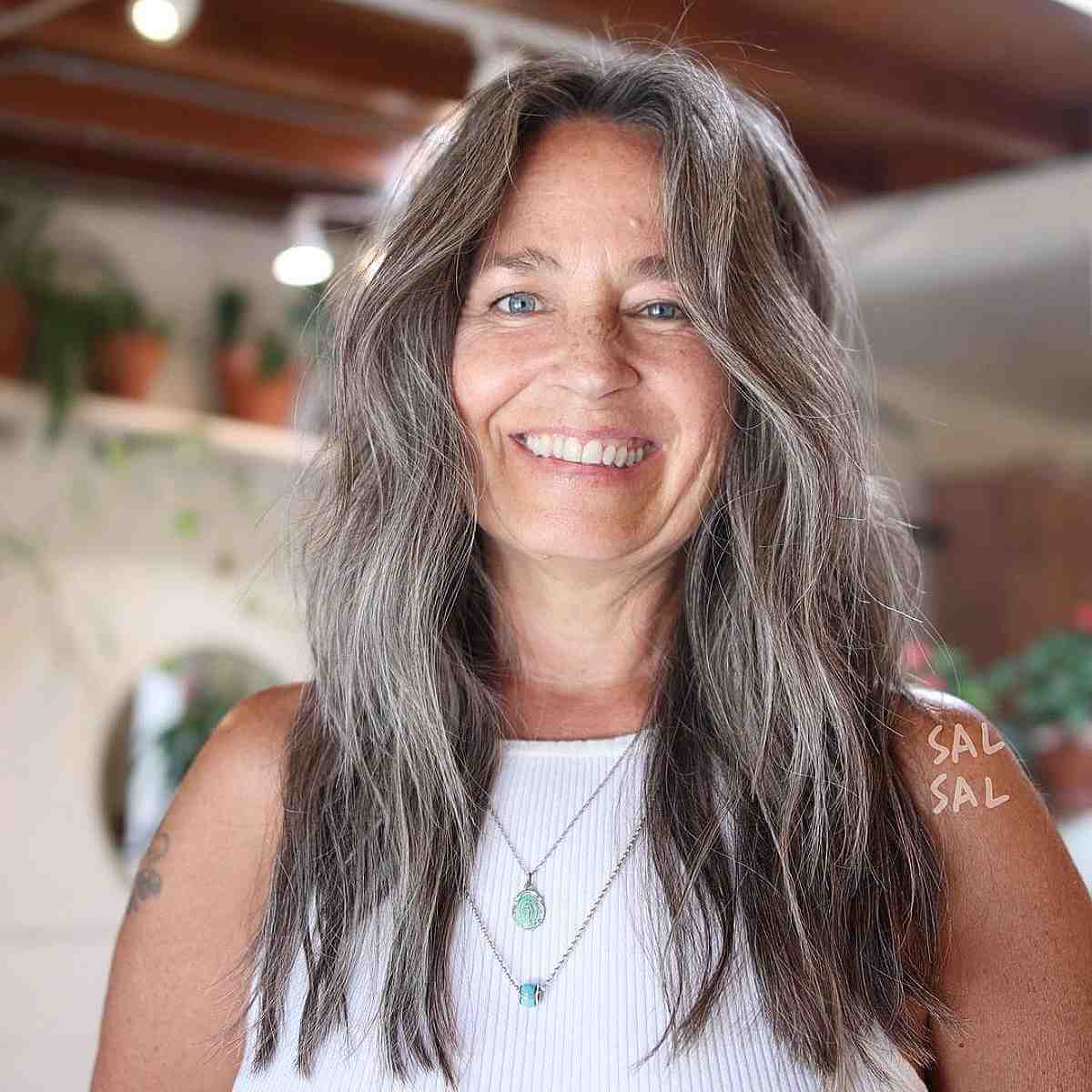 Long Salt and Pepper Balayage for Ladies Sixty and Up