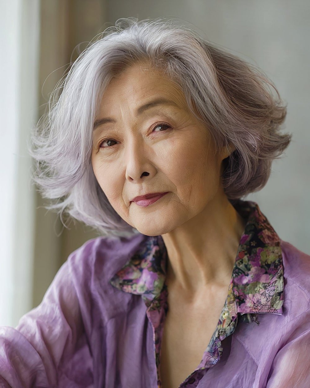 Feathered petal bob for women over 60 with fine hair and silver tone, styled with soft volume and face-framing layers