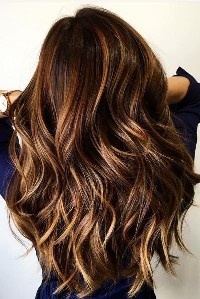 Balayage, long, wavy hairstyles - blond and cinnamon for chocolate brown hair