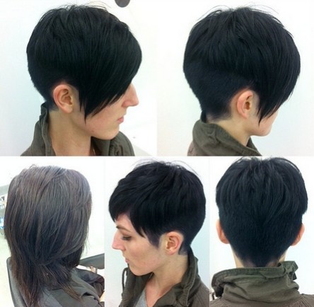 A short black haircut for long side bangs