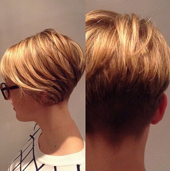 The short blond side of the hair, back view